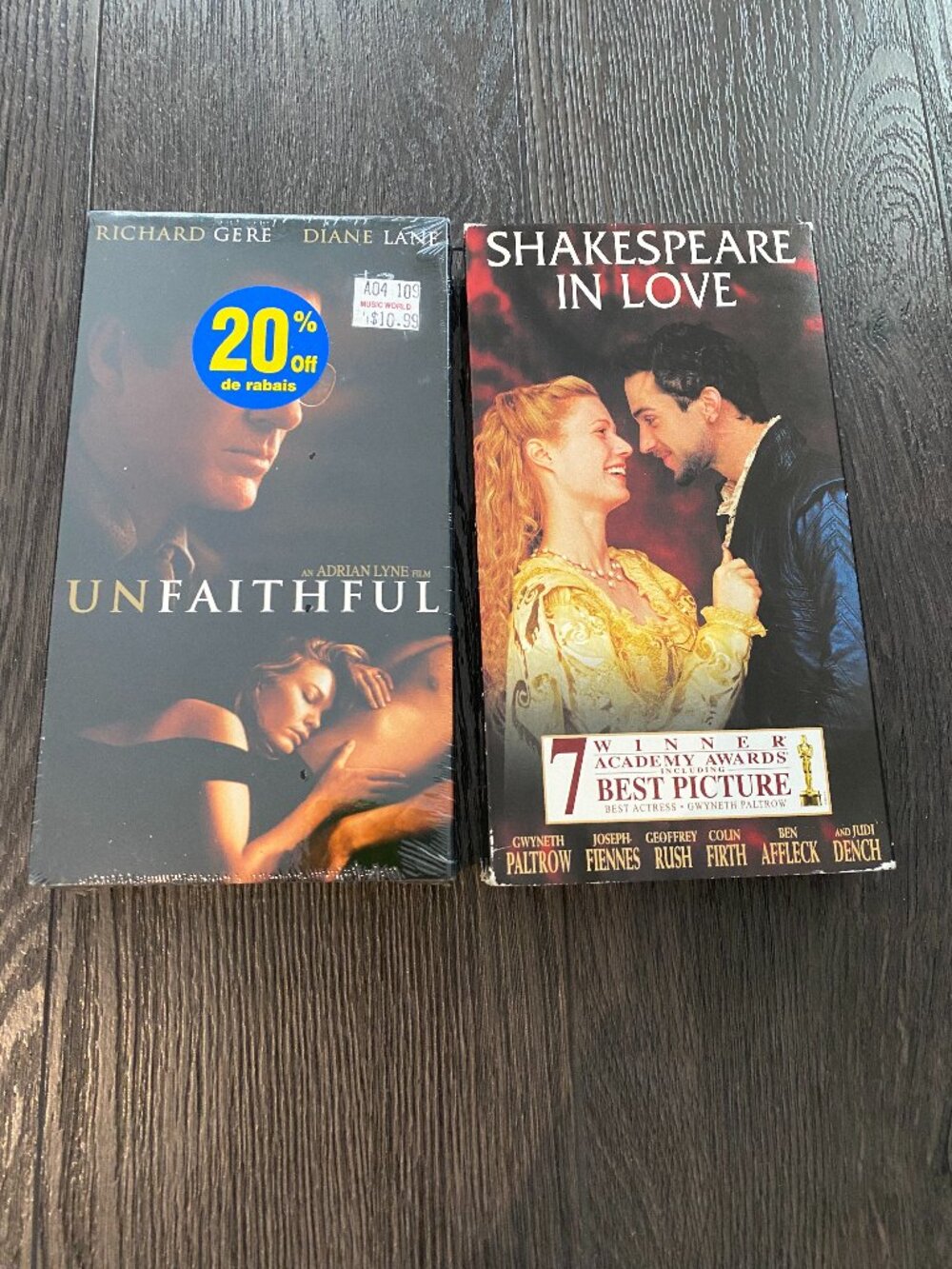 lot of 2 VHS UNFAITHFUL - SHAKESPEARE IN LOVE MOVIES ROMANCE